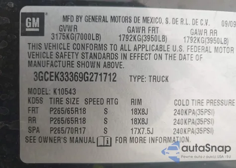 2009 Chevrolet Silverado 1500 Ltz z USA, uszkodzony, nr VIN 3GCEK33369G271712